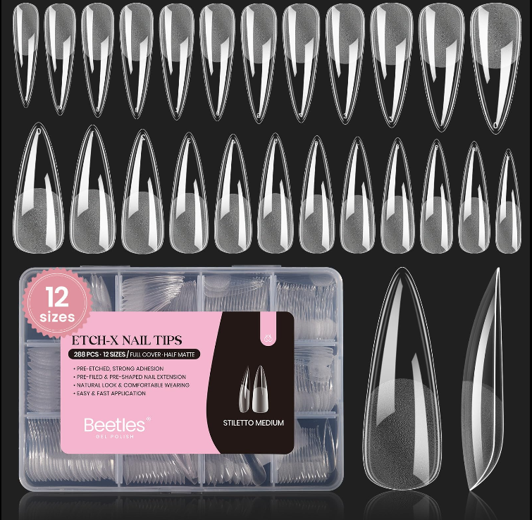 Beetles 12 Sizes Gel Nail Tips Medium Stiletto Gel Nail Tips 288Pcs