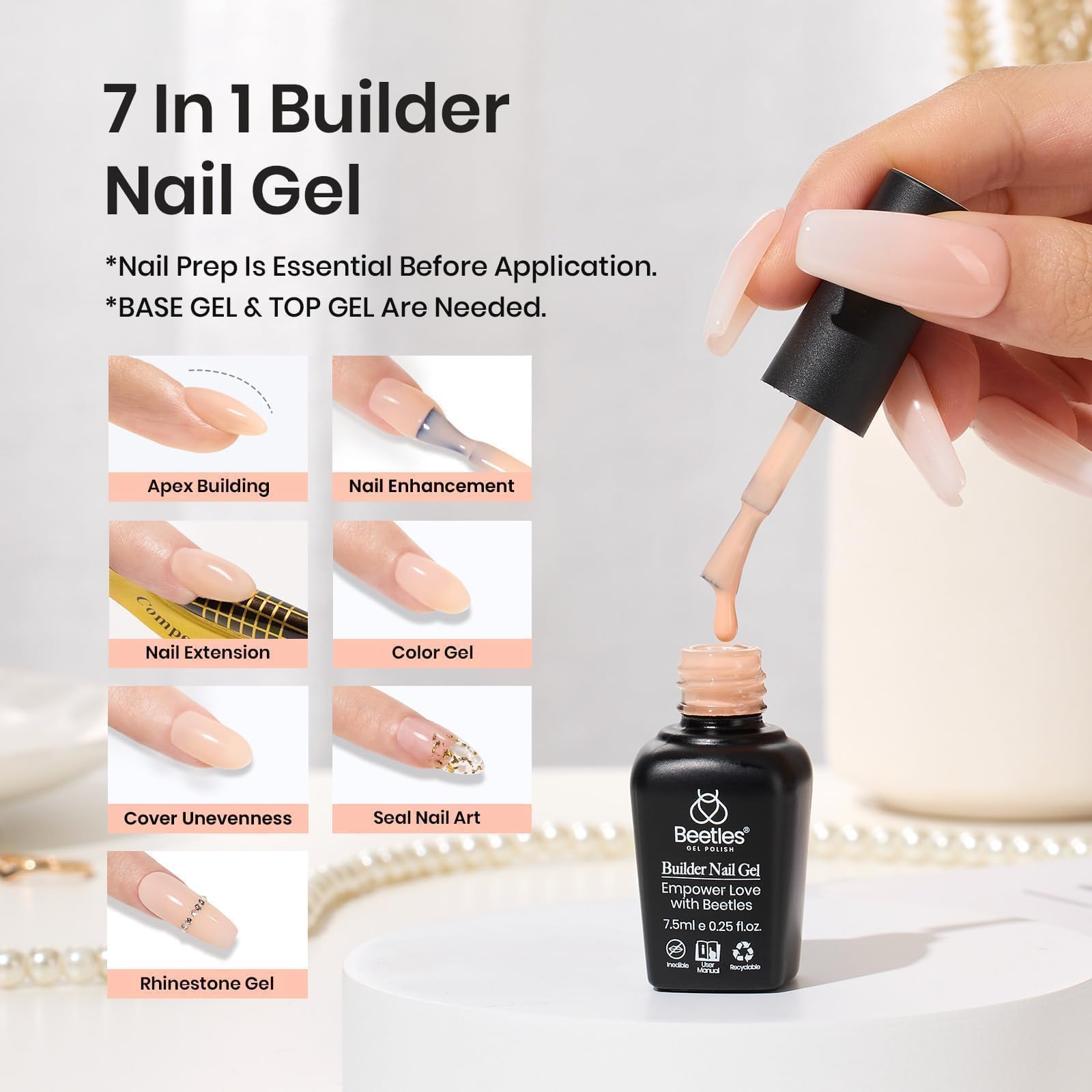 Beetles Builder Gel Set, 6 Colors 7 in 1 Clear Nude Pink Brown Strengthener Gel for Nail Extension & Building Apex Nail Art Design Beauty Gift Sets for Women - Image 2