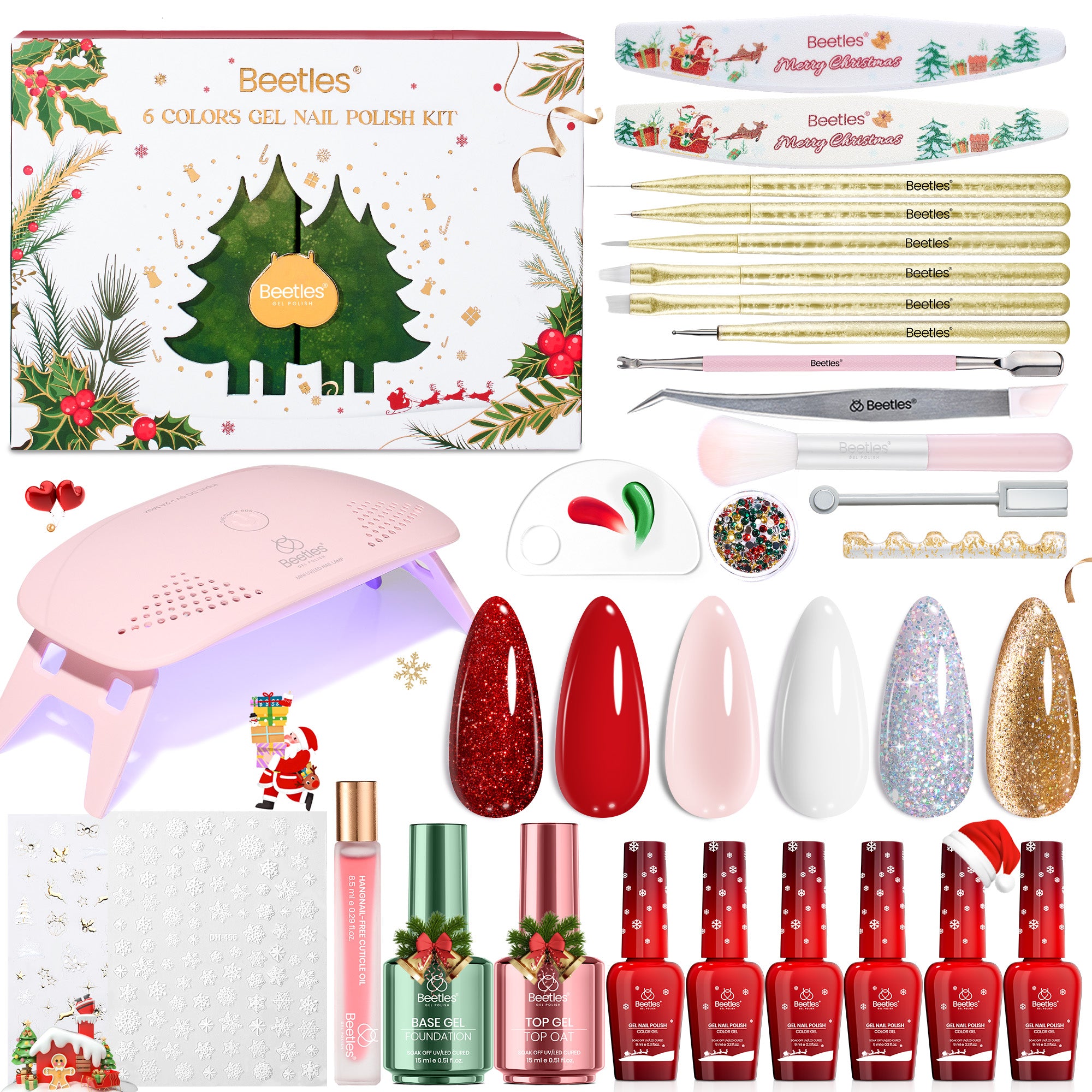 Beetles 27Pcs Christmas Gel Nail Kit Gifts - 6 Colors Red Gold Cat Eye Glitter Merry Glitz Gel Nail Polish Kit