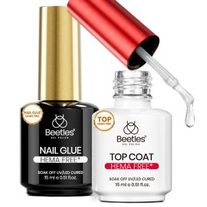 Beetles 2Pcs 15ml HEMA-Free Nail Glue Gel and No Wipe Top Coat Set