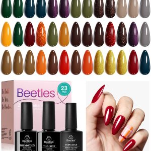 Beetles 23 pcs Gel Polish Nail Kit, 20 Colors Glitter Brown Gold Purple Grey Fall Forest Collection Gel Polish Set Soak Off Uv Lamp Need Base Glossy & Matte Top Coat Orange Blue Yellow Green Manicure Kit Gift for Girls