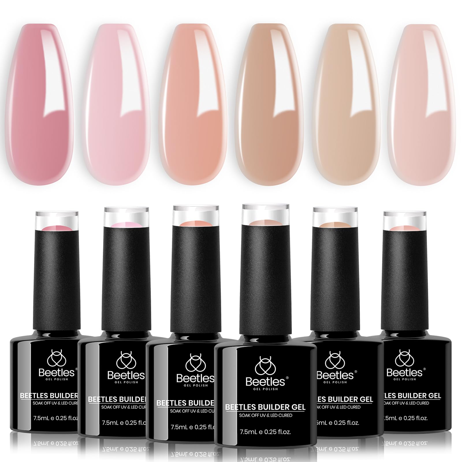 Beetles Builder Gel Set, 6 Colors 7 in 1 Clear Nude Pink Brown Strengthener Gel for Nail Extension & Building Apex Nail Art Design Beauty Gift Sets for Women
