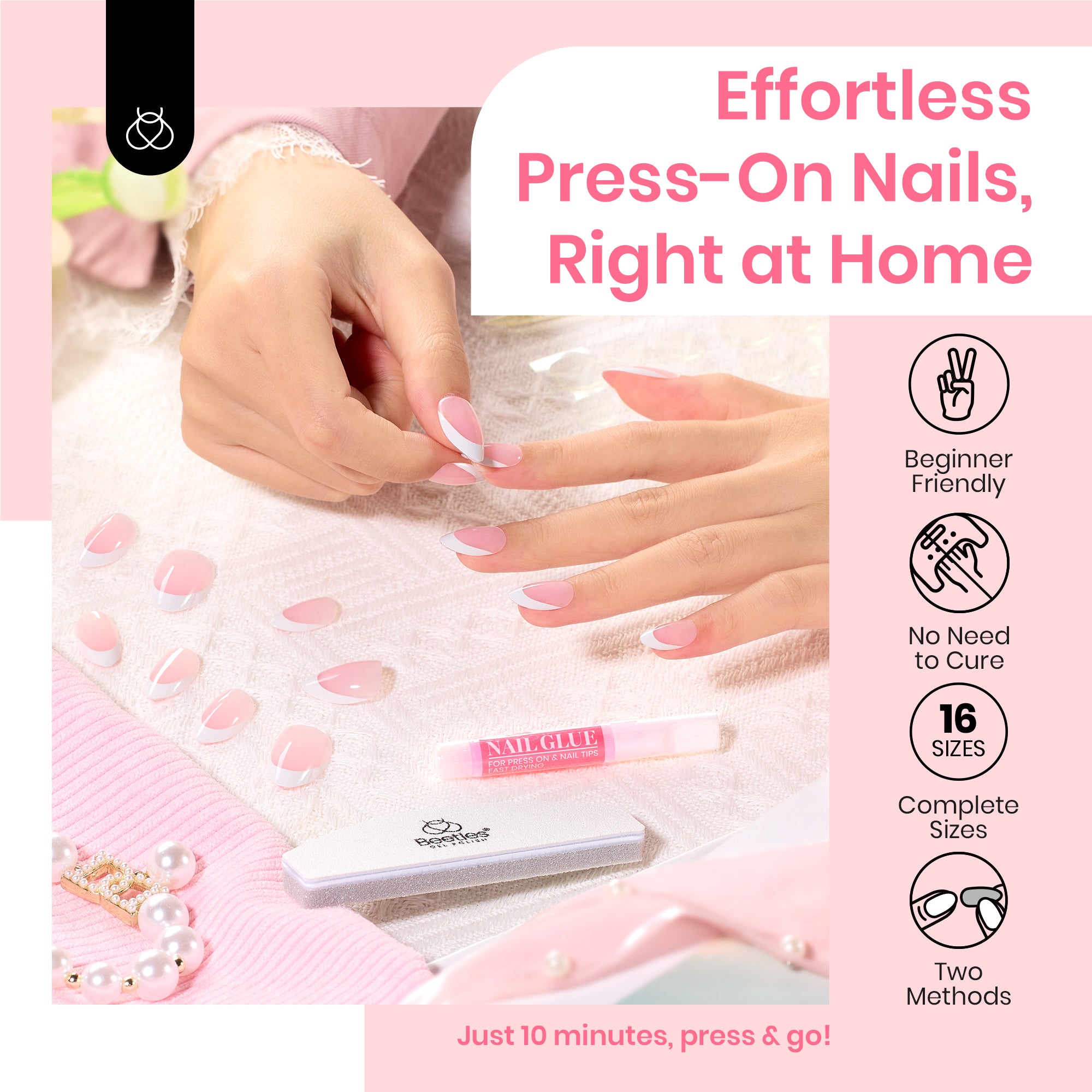 Beetles Almond Press On Nail,64 psc Pink Ombre Nails Press On 16 Sizes XS Short Almond Pink Ombre Fake Nails 2 Set Press On Nails with Nail Glue & Double-Sided Adhesives Nails Press Ons for Women - Image 7
