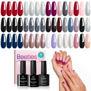 Beetles 20 Colors Modern Artistic Inspiration Collection Black Gel Nail Polish Set, 23Pcs Winter Brown Gray Red Nude Pink White Blue Purple Sequins Gel Sparkling Glitter Gel Nail Polish Kit with Glossy & Matte Top Coat Base Coat