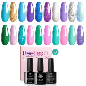 Beetles 20 Colors Ocean Coral Mixed Colors Series Purple Gel Nail Polish Set, 23Pcs Green Blue Pink Gold Sequins Gel Sparkling Glitter Gel Nail Polish Kit with Glossy & Matte Top Coat Base Coat