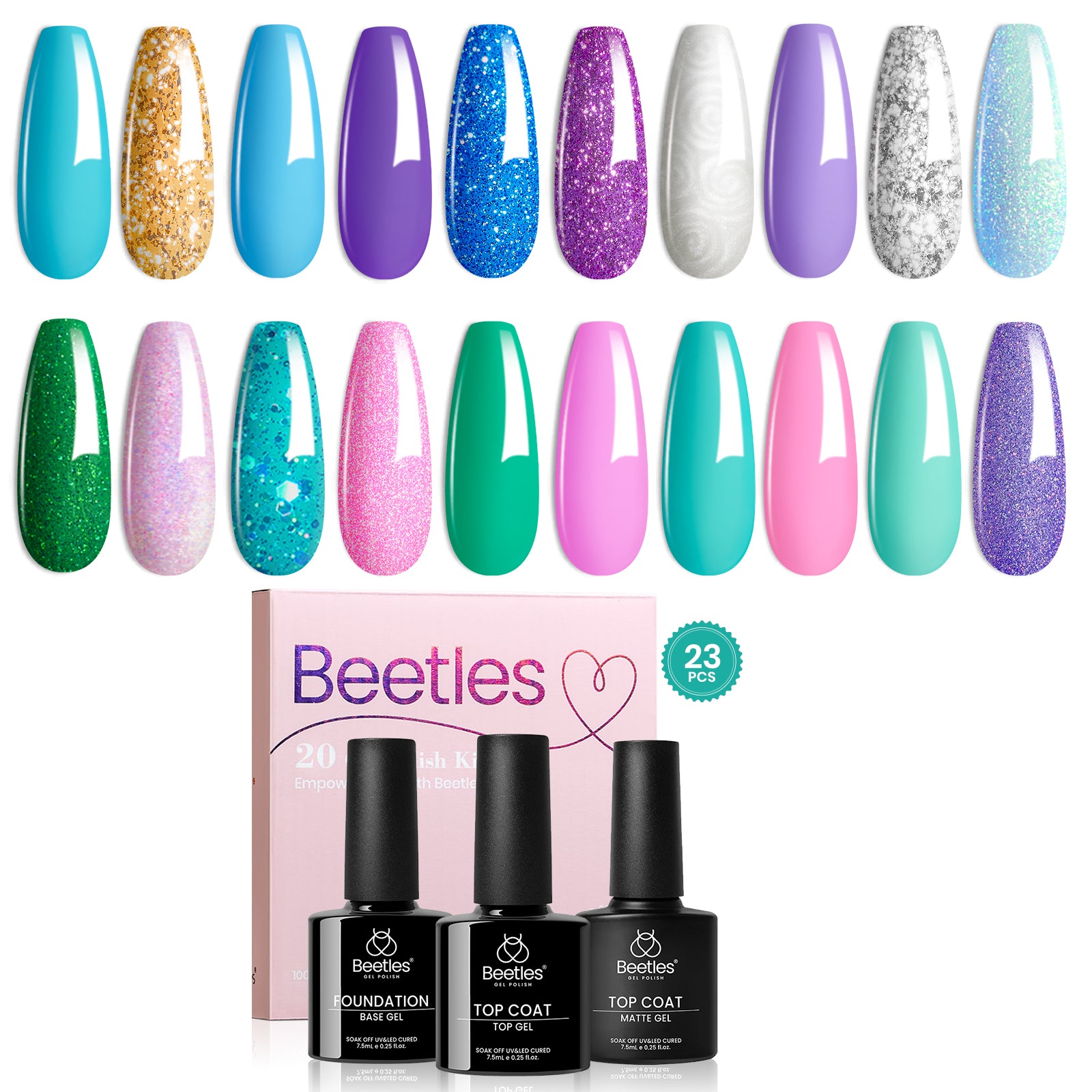 Beetles 20 Colors Ocean Coral Mixed Colors Series Purple Gel Nail Polish Set, 23Pcs Green Blue Pink Gold Sequins Gel Sparkling Glitter Gel Nail Polish Kit with Glossy & Matte Top Coat Base Coat