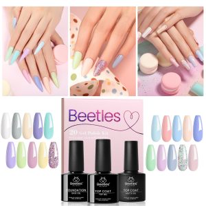 Beetles 20 Colors Light Pink Purple Gel Nail Polish Set, 23Pcs Spring Blue Yellow Green Summer Sequins Gel Sparkling Glitter Gel Nail Polish Kit with Glossy & Matte Top Coat Base Coat