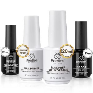 Beetles 4 Pcs 15ml Base Gel and Top Coat Kit with 20ml Nail Dehydrator and Primer, Professional Nail Prep Acid-Free & Hema-Free Dehydrate Bond Primer Set for Acrylic Nail Manicure Gift for Women