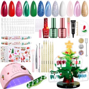 Beetles 67Pcs Gel Nail Kit Crystal Christmas Gifts for Women Teen Girls - 12 Colors Cat Eye Red Glitter Gel Polish Kit with U V Light & Nails Stand Acrylic Holder Display Nails Stuff Manicure Set