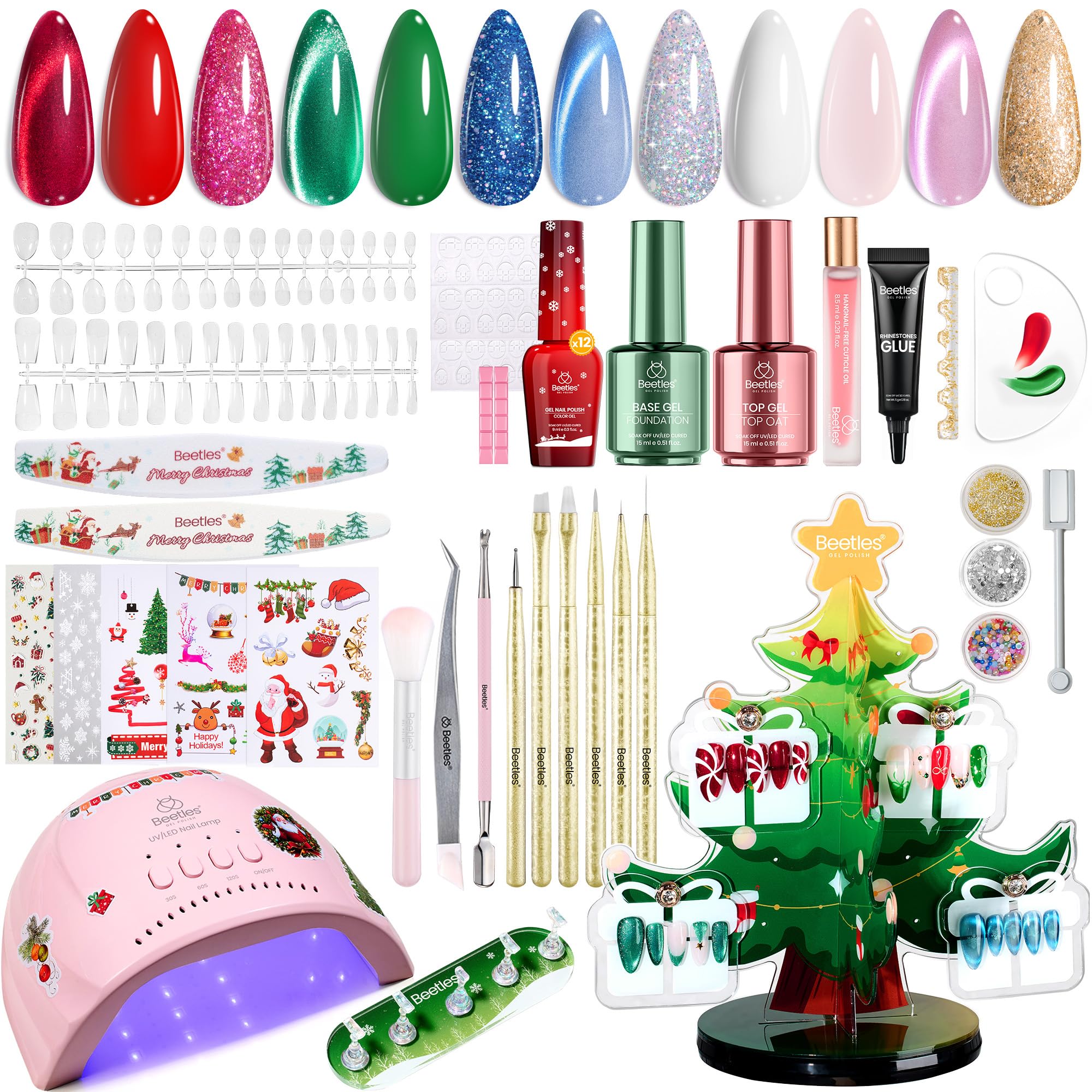 Beetles 67Pcs Gel Nail Kit Crystal Christmas Gifts - 12 Colors Cat Eye Red Glitter Gel Polish Kit