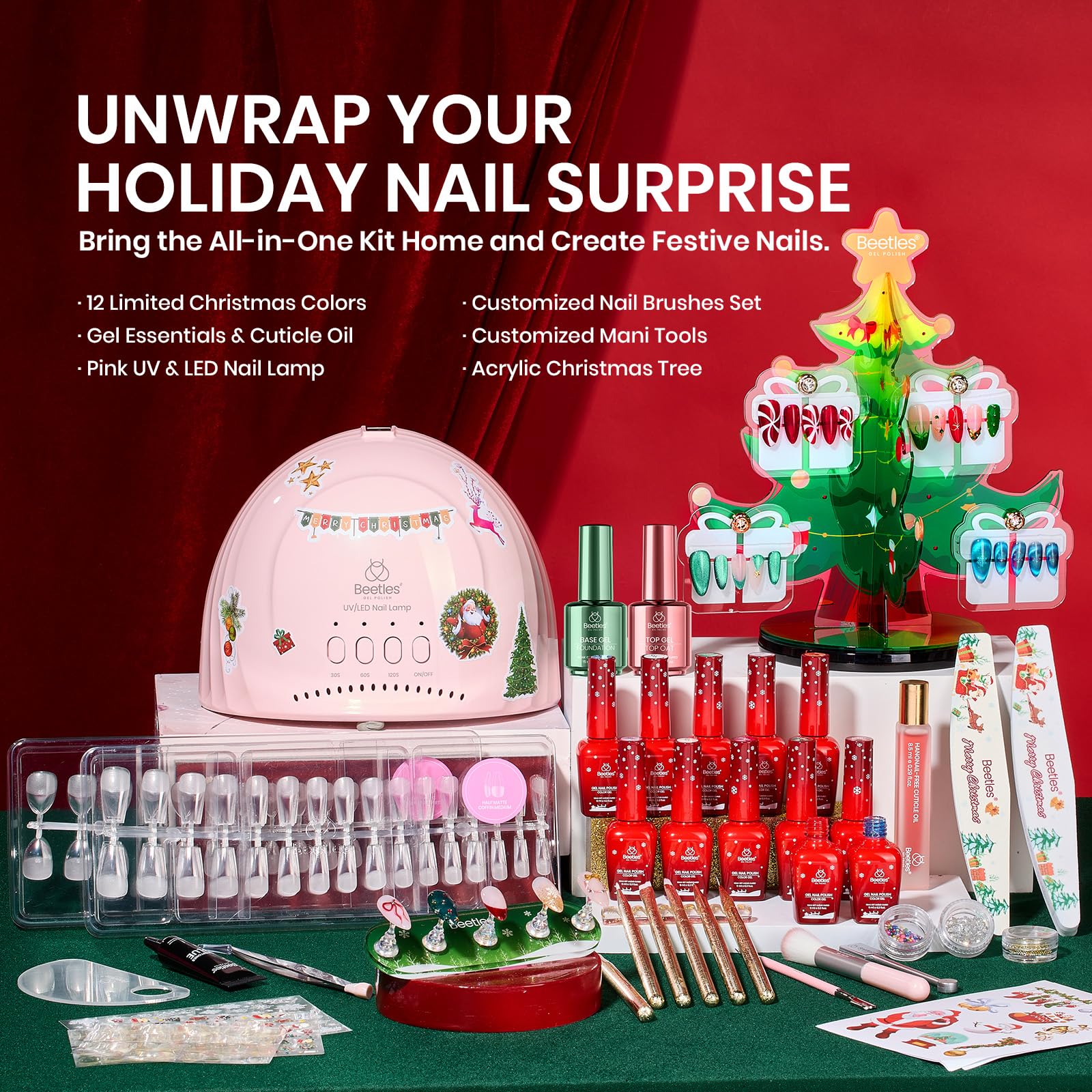 Beetles 67Pcs Gel Nail Kit Crystal Christmas Gifts - 12 Colors Cat Eye Red Glitter Gel Polish Kit - Image 2