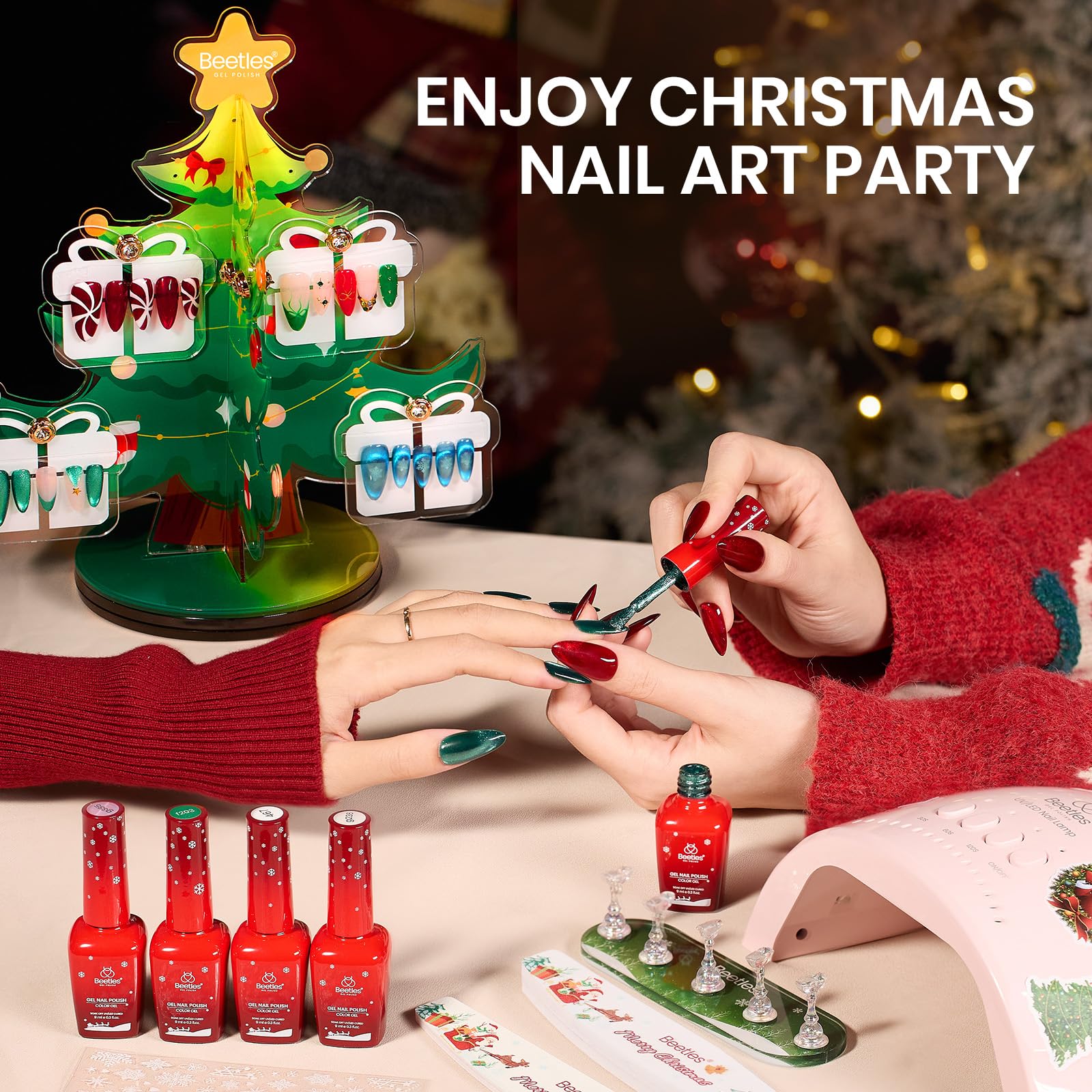 Beetles 67Pcs Gel Nail Kit Crystal Christmas Gifts - 12 Colors Cat Eye Red Glitter Gel Polish Kit - Image 3