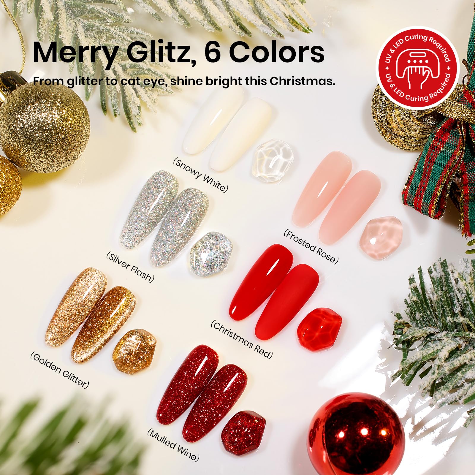 Beetles 27Pcs Christmas Gel Nail Kit Gifts - 6 Colors Red Gold Cat Eye Glitter Merry Glitz Gel Nail Polish Kit - Image 5