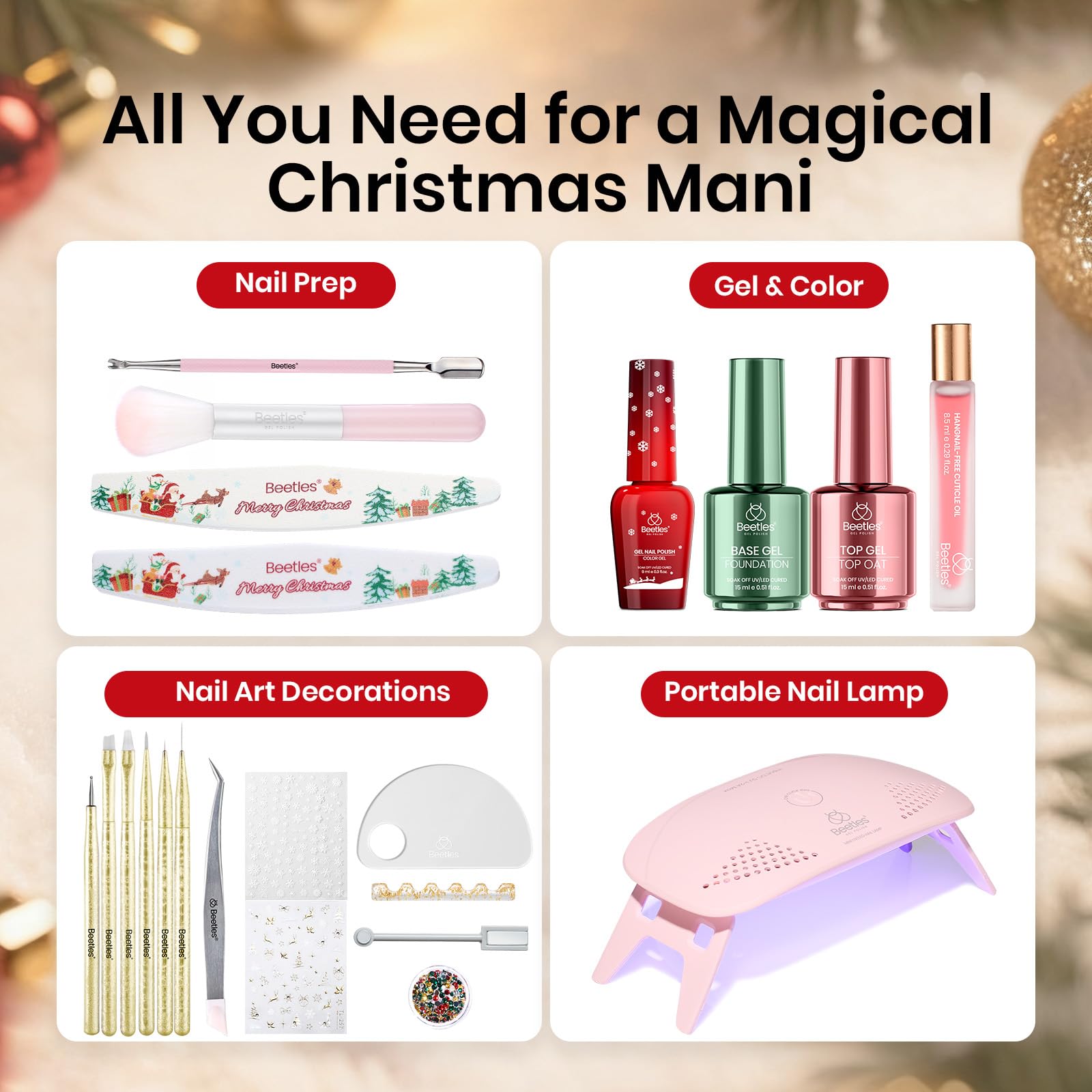 Beetles 27Pcs Christmas Gel Nail Kit Gifts - 6 Colors Red Gold Cat Eye Glitter Merry Glitz Gel Nail Polish Kit - Image 6