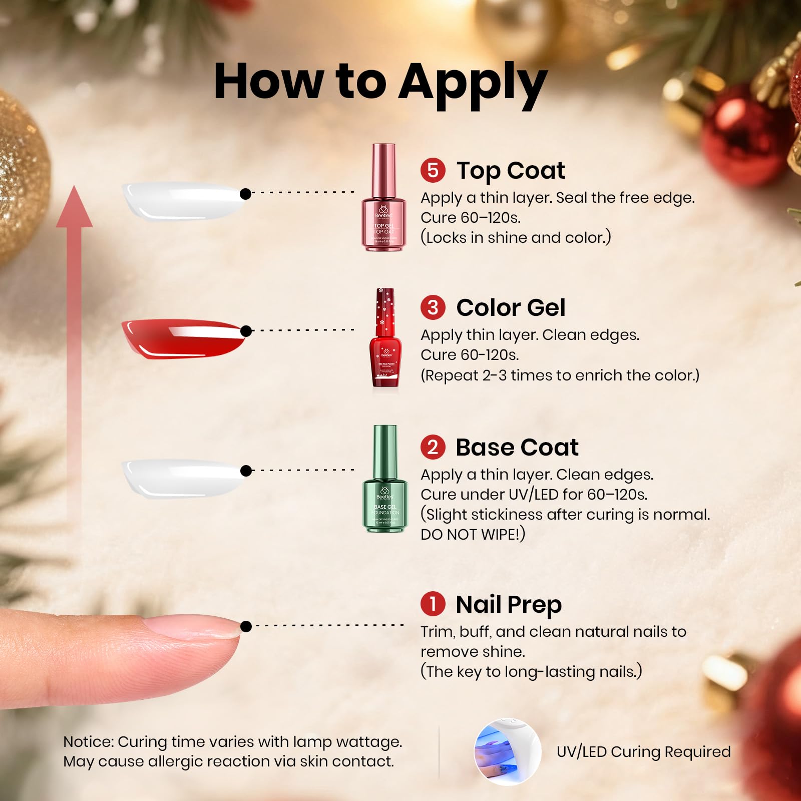 Beetles 27Pcs Christmas Gel Nail Kit Gifts - 6 Colors Red Gold Cat Eye Glitter Merry Glitz Gel Nail Polish Kit - Image 8