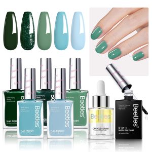 Beetles 7 Pcs Nail Polish Set, 5 Colors Light Green Dark Green Blue Nail Polish, Cuticle Oil with 2IN1 Base&Top Coat Long Lasting Quick Dry Nail Polish Gifts for Women