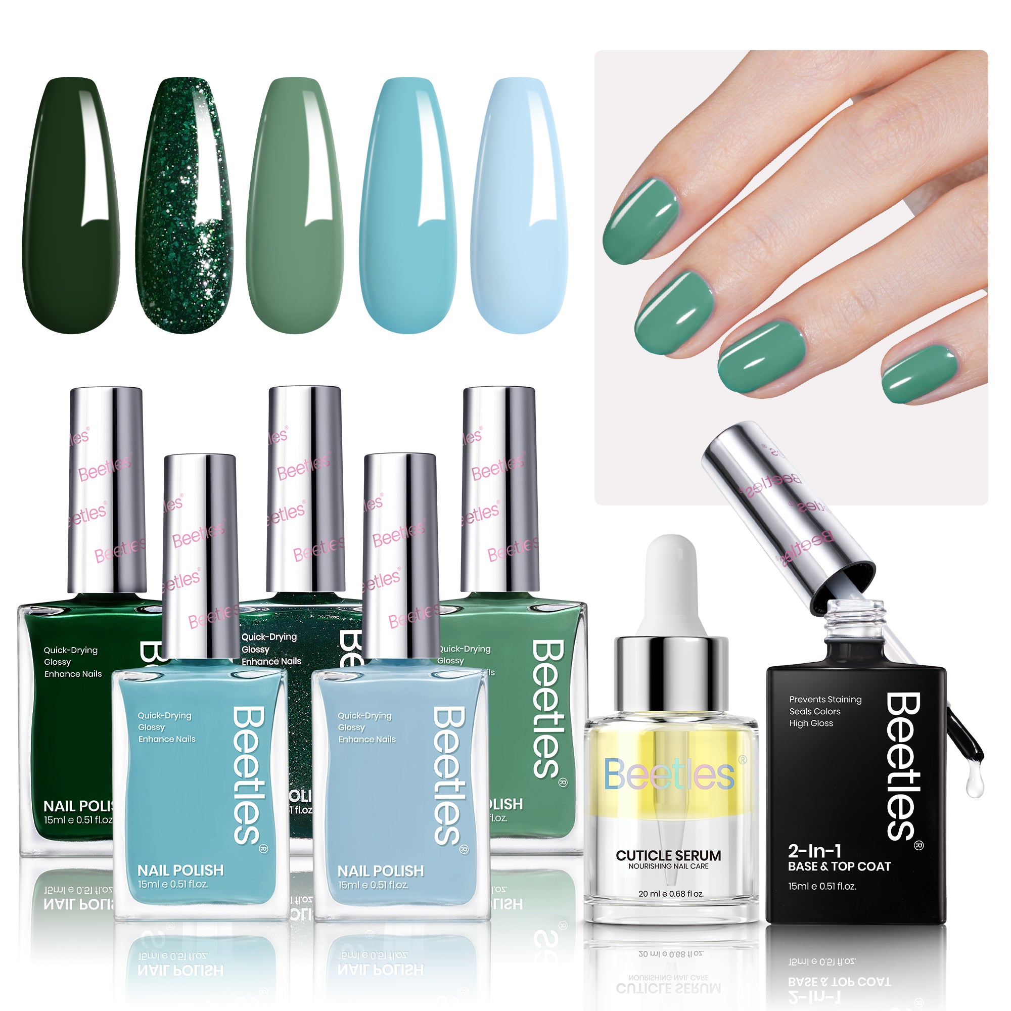 Beetles 7 Pcs Nail Polish Set, 5 Colors Light Green Dark Green Blue Nail Polish, Cuticle Oil with 2IN1 Base&Top Coat Long Lasting Quick Dry Nail Polish Gifts for Women